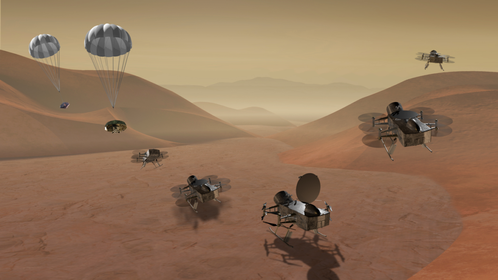 A helicopter descends by parachute onto a field of orange dunes on Titan, then lands, starts its rotors, and flies off.