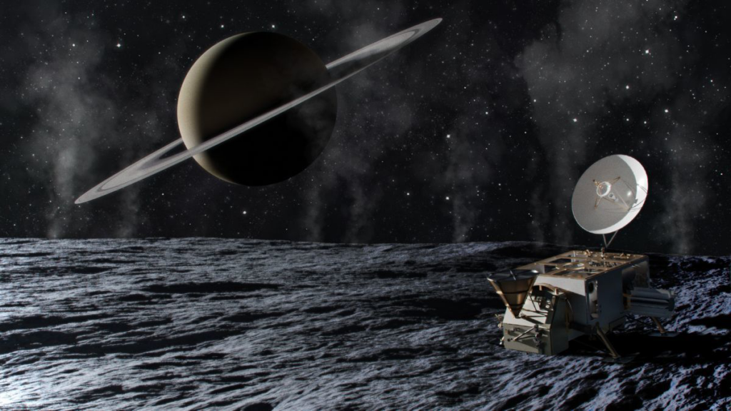 Illustration of a lander on Saturn’s moon Enceladus with Saturn in the background
