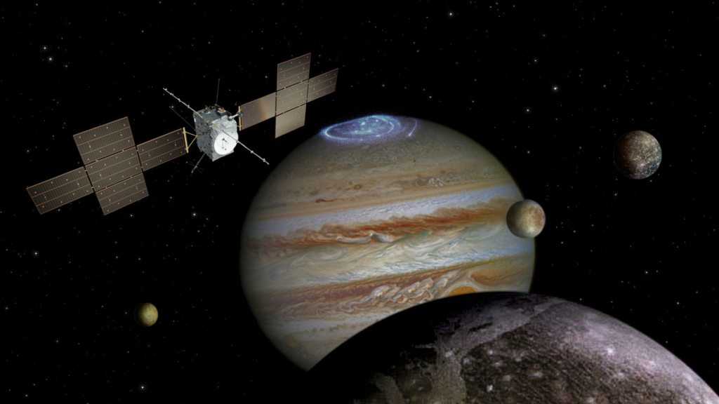 Illustration of the JUICE spacecraft among Jupiter and its moons