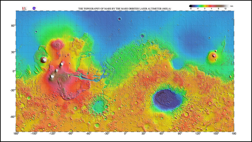 Rainbow color map of the Martian surface