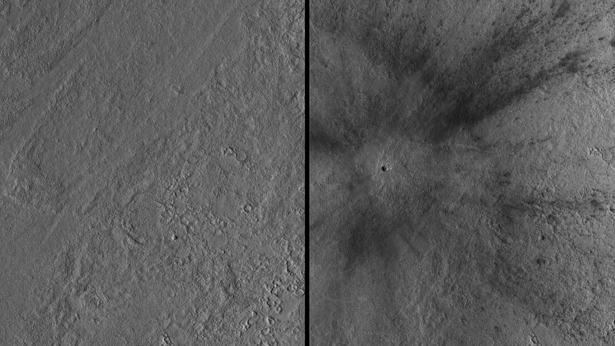 Black-and-white satellite photo of the Martian surface before and after a meteor impact