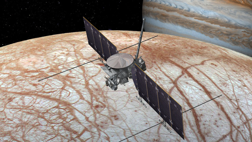 Illustration of the Europa Clipper mission orbiting Jupiter’s moon Europa