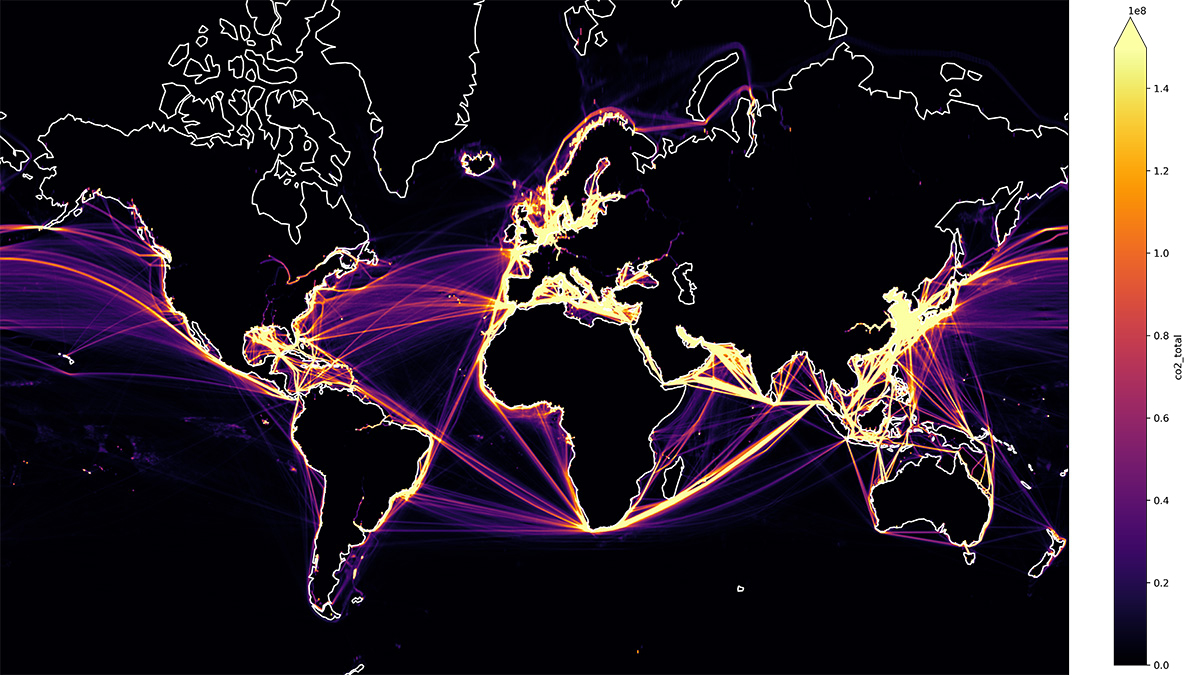 White outline of world continents against a black backdrop. Purple and yellow lines connect some points.