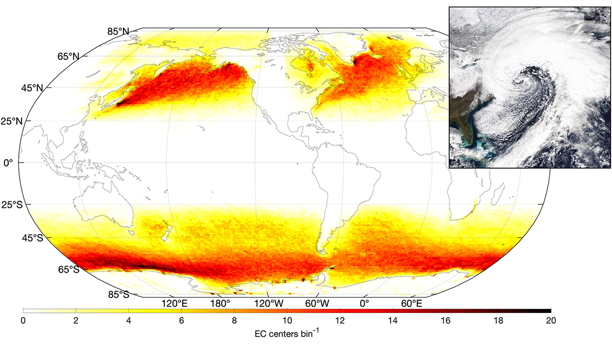 World map using color to show the occurrence of extratropical cyclones