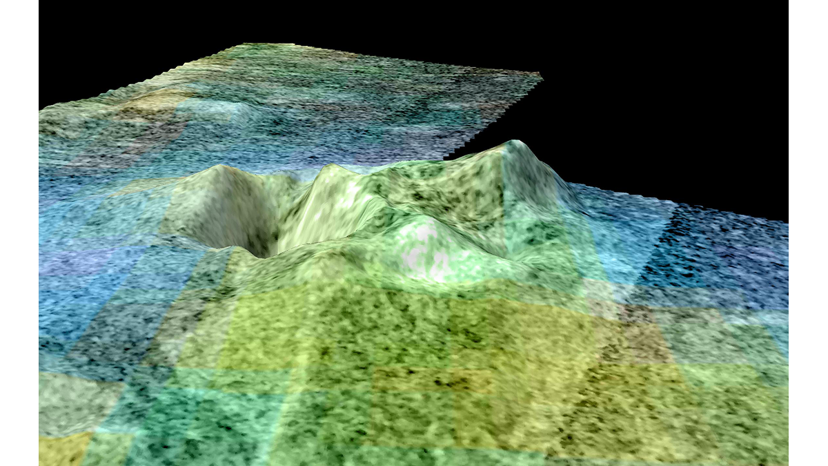 Topographic projection of a deep pit on Titan.