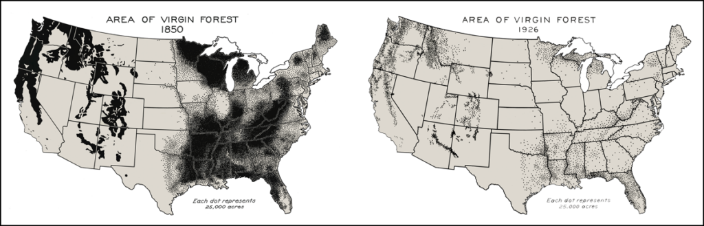 Two maps showing the contiguous U.S. deforestation