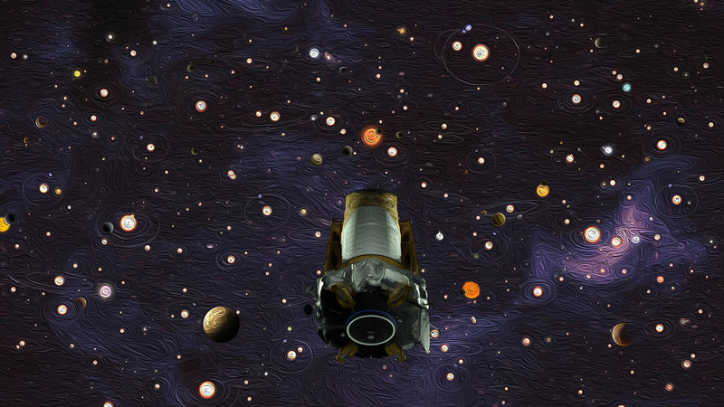Illustration of a space telescope facing a dark sky with many stars and planets