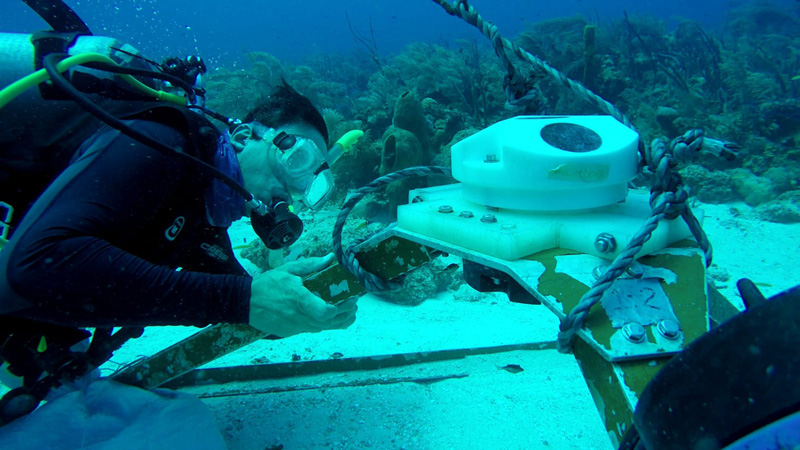 Underwater photo of diver touching metal-framed equipment on the seafloor