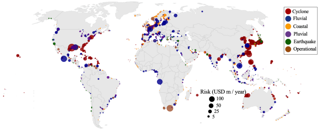 Chart of the world with countries outlined. Colored circles are plotted over coastal areas that experience monetary losses from natural hazards. Red markers indicate damage from tropical cyclones, blue from fluvial flooding, yellow from coastal flooding, purple from pluvial flooding, green from earthquakes, and brown from operational damage.