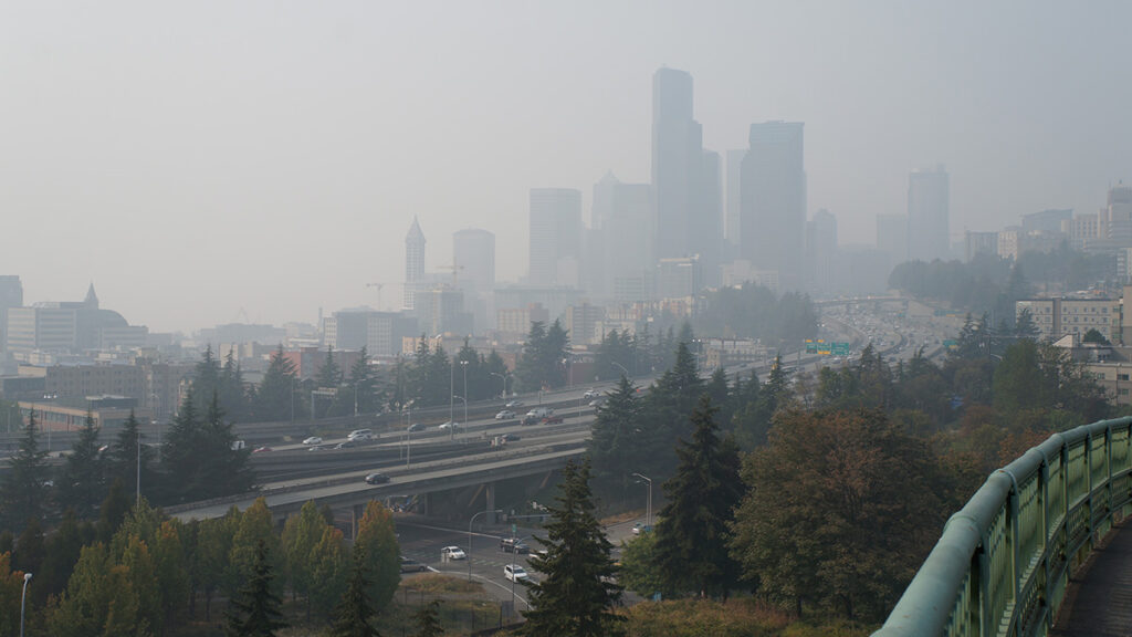 View of Seattle through a layer of wildfire smoke