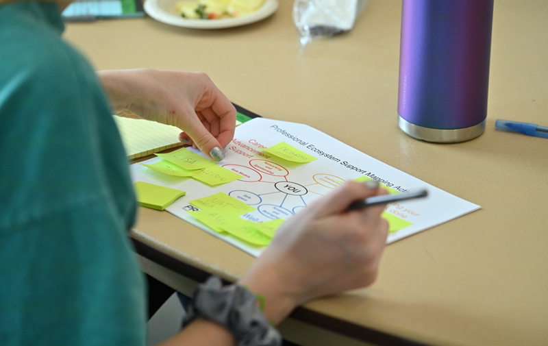 Close-up view of someone’s hands near a piece of paper showing a network diagram and with sticky notes attached to it.