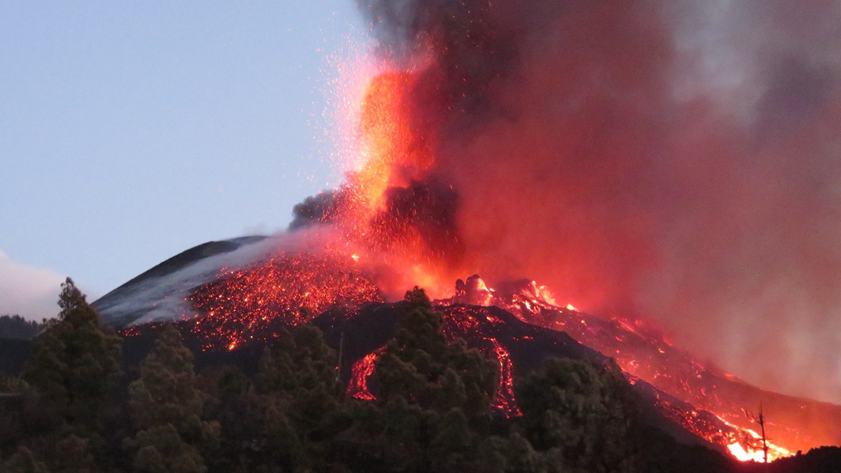 Photo of a volcano erupting