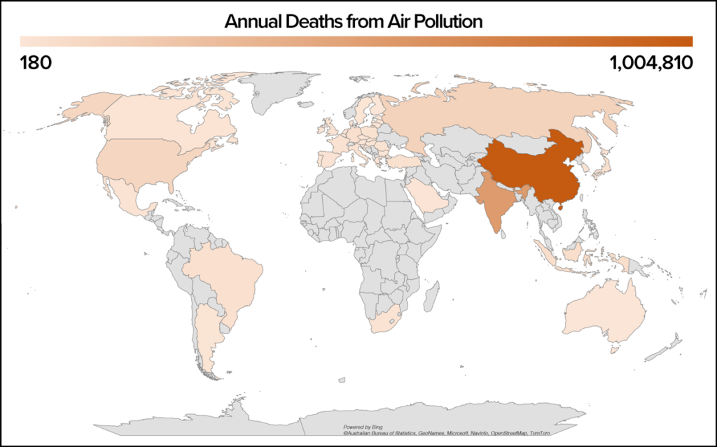 A map of the world showing the total annual deaths from human-derived air pollution in G20 countries. The darker the color is, the higher the number of deaths is.