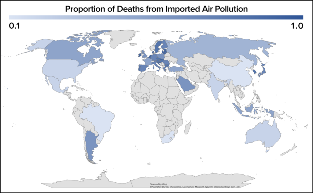 A map showing the proportion of annual deaths from imported air pollution in G20 countries. The darker the color is, the higher the proportion of annual deaths from imported air pollution is.