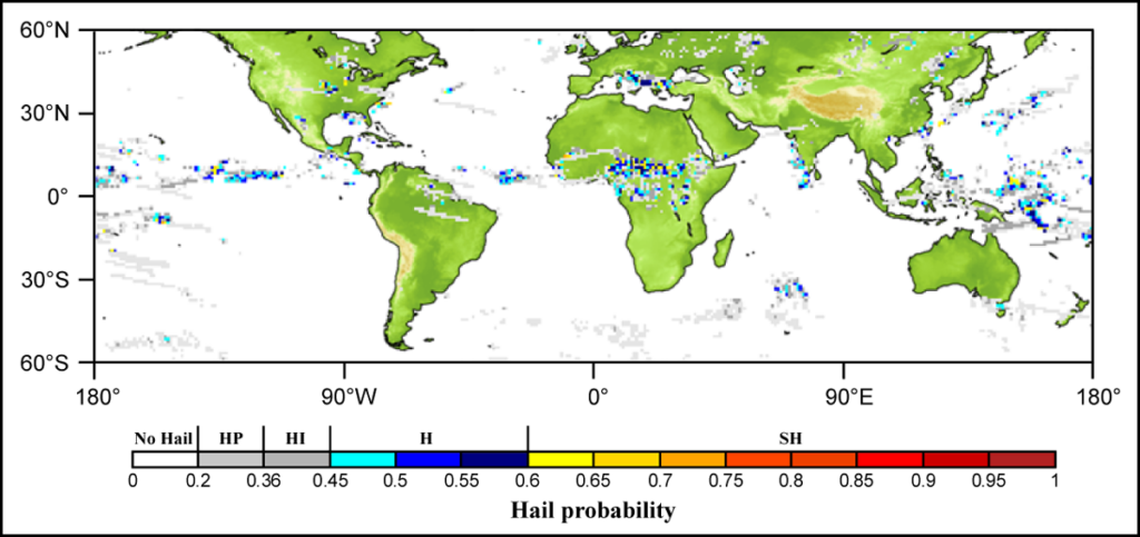 Global map showing the hail probability on 10 July 2019