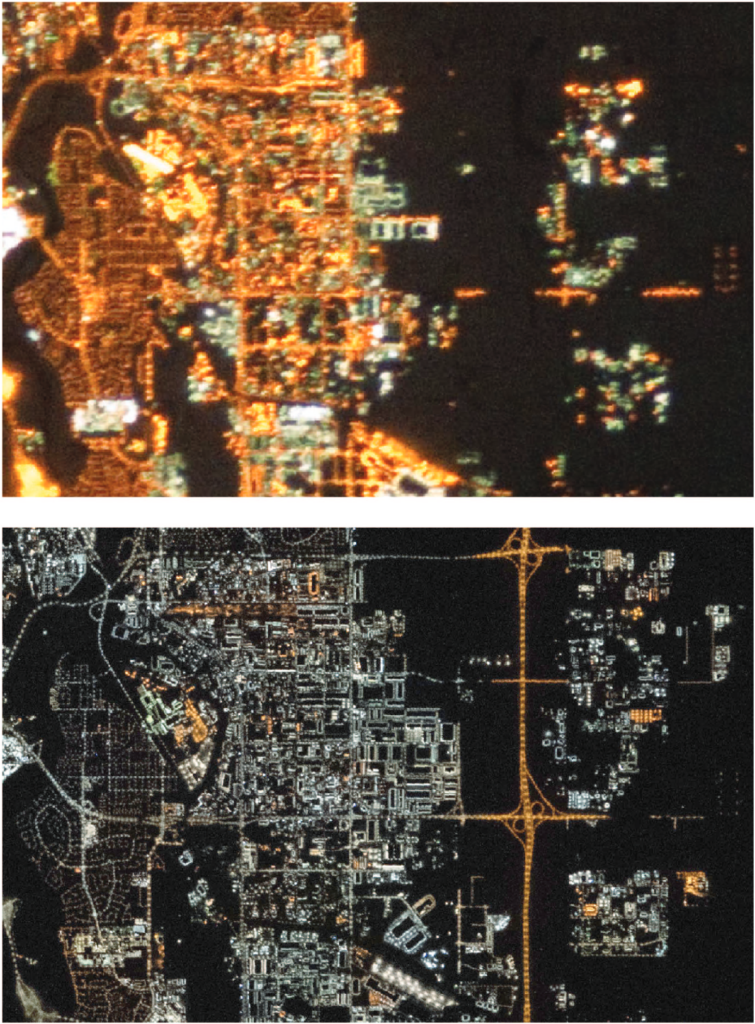 Aerial photographs of a portion of East Calgary at night. In the top image, from 2010, buildings, streets, and highways are illuminated by yellow-orange incandescent bulbs. In the bottom image, from 2021, those same areas are illuminated with blue-white LEDs and more lighting has been installed.
