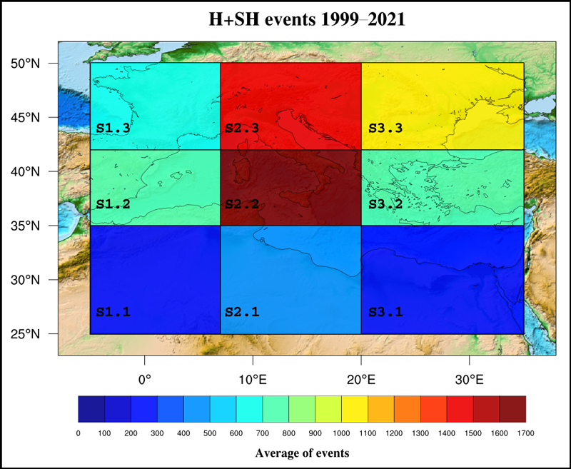 A figure showing a map of the Mediterranean region (most of Europe and north Africa) is overlain with a grid of nine boxes shaded with different colors to represent the average annual number of large and super hail events from 1991 to 2021 across nine subregions.