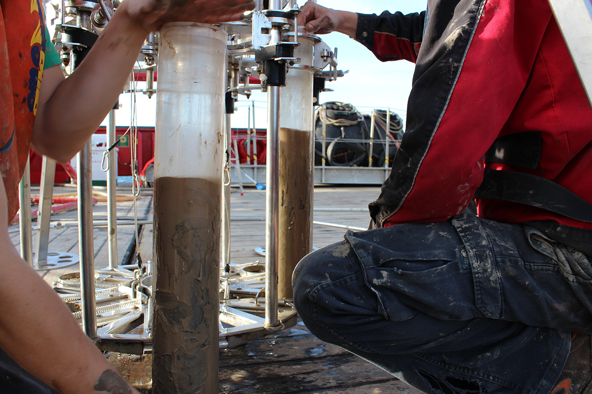 Sediment cores in vertical tubes sitting on a ship deck. Two people crouch next to cores.