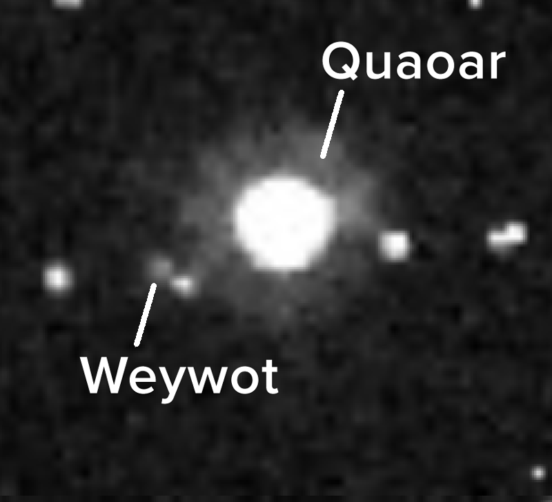 A low-resolution gray scale image shows several points of white light of different sizes. The largest white point is Quaoar, and a small, faint, fuzzy gray light at Quaoar’s 8:00 position is its moon, Weywot. Seven other white points are scattered around the image.