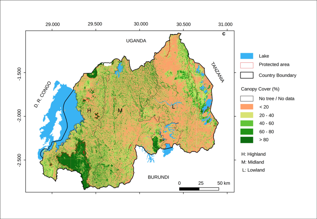 Map of Rwanda with orange and green dots showing locations with low (orange) and high (dark green) tree density.