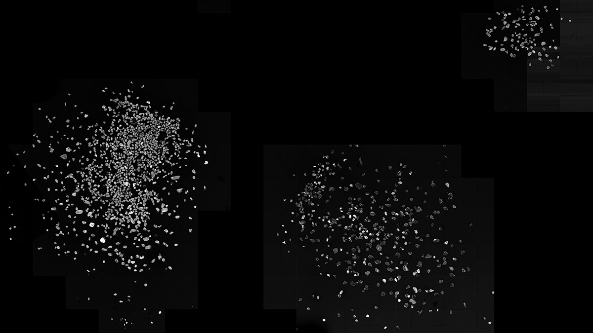 Small, white zircon crystals of various shapes and sizes appear against a black background.