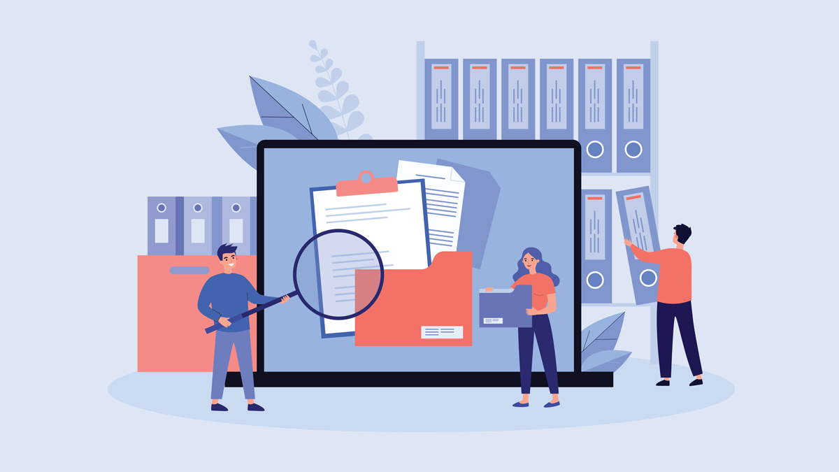 Vector illustration of people examining documents