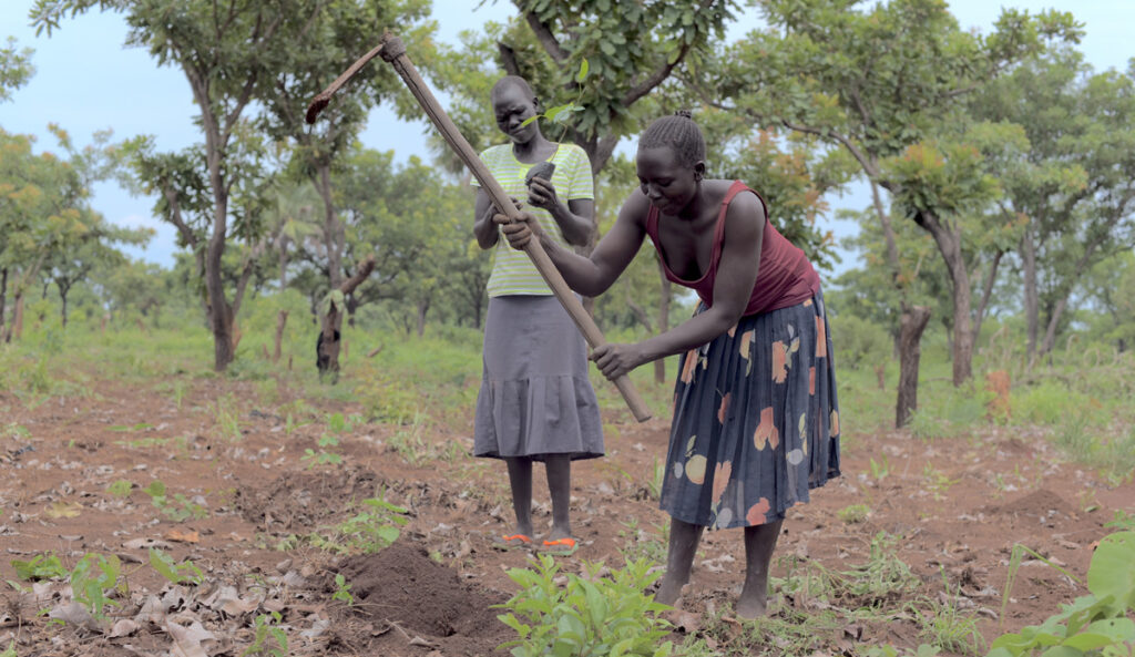 Two people stand near a hole in a field. One person is swinging a hoe.