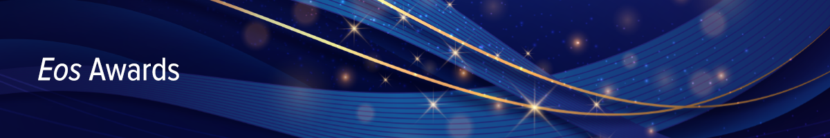Blue banner with gold ribbons and sparkles