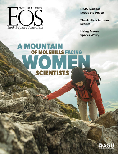 The cover of the April 2017 issue of Eos