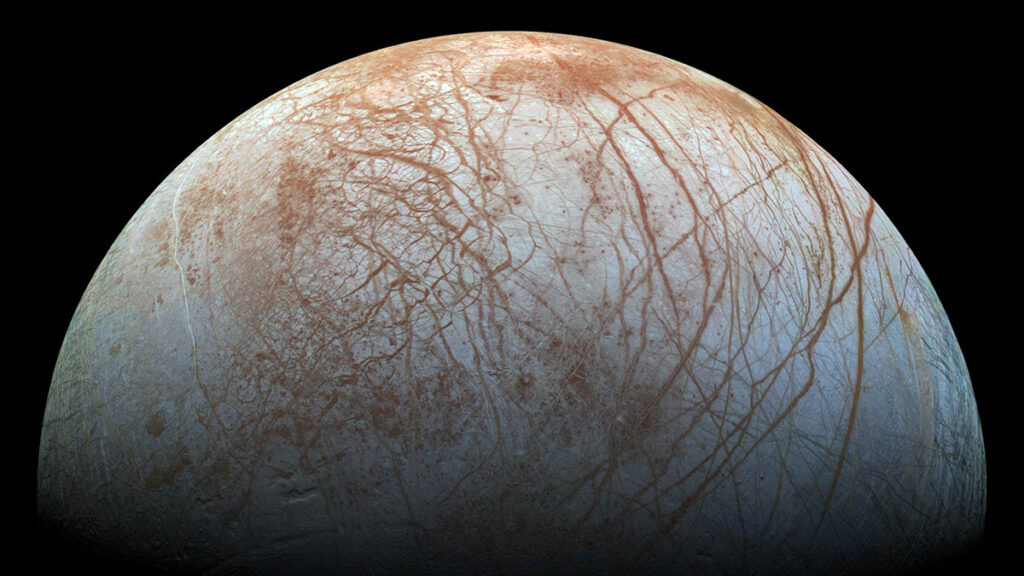 Color view of Europa from Galileo that shows the largest portion of the moon’s surface at the highest resolution.