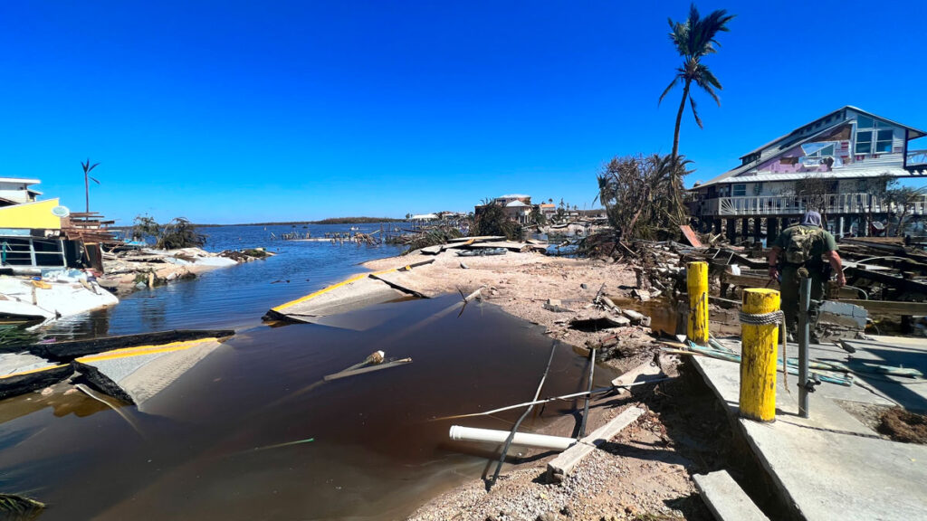 A photo of damaged buildings, downed trees, and flooding close to the coast.