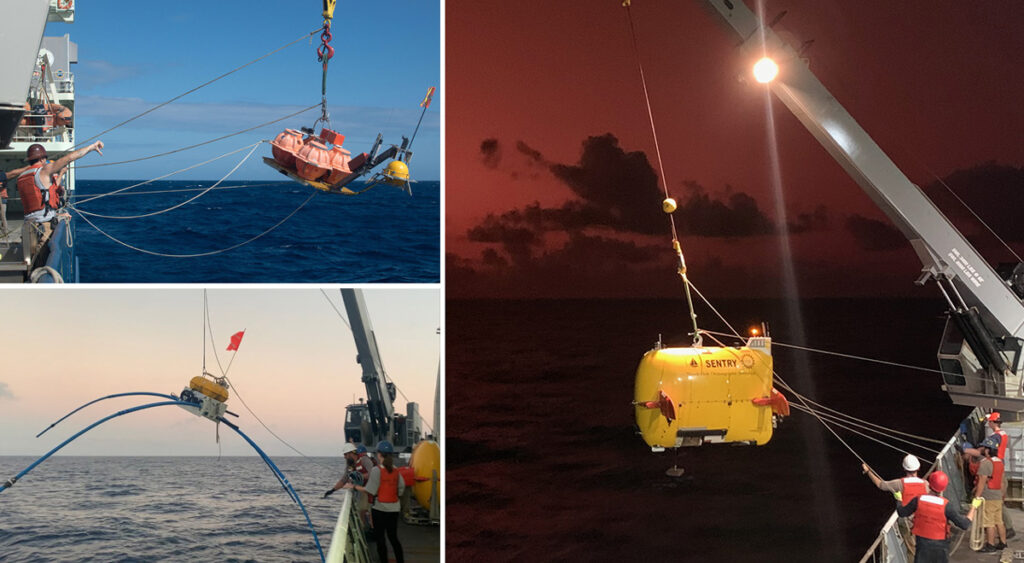 Series of three photos showing deployments of (counter clockwise from top left) an ocean-bottom seismograph, (middle) an ocean bottom electromagnetic instrument, and (bottom) the autonomous underwater vehicle Sentry over the side of a ship.
