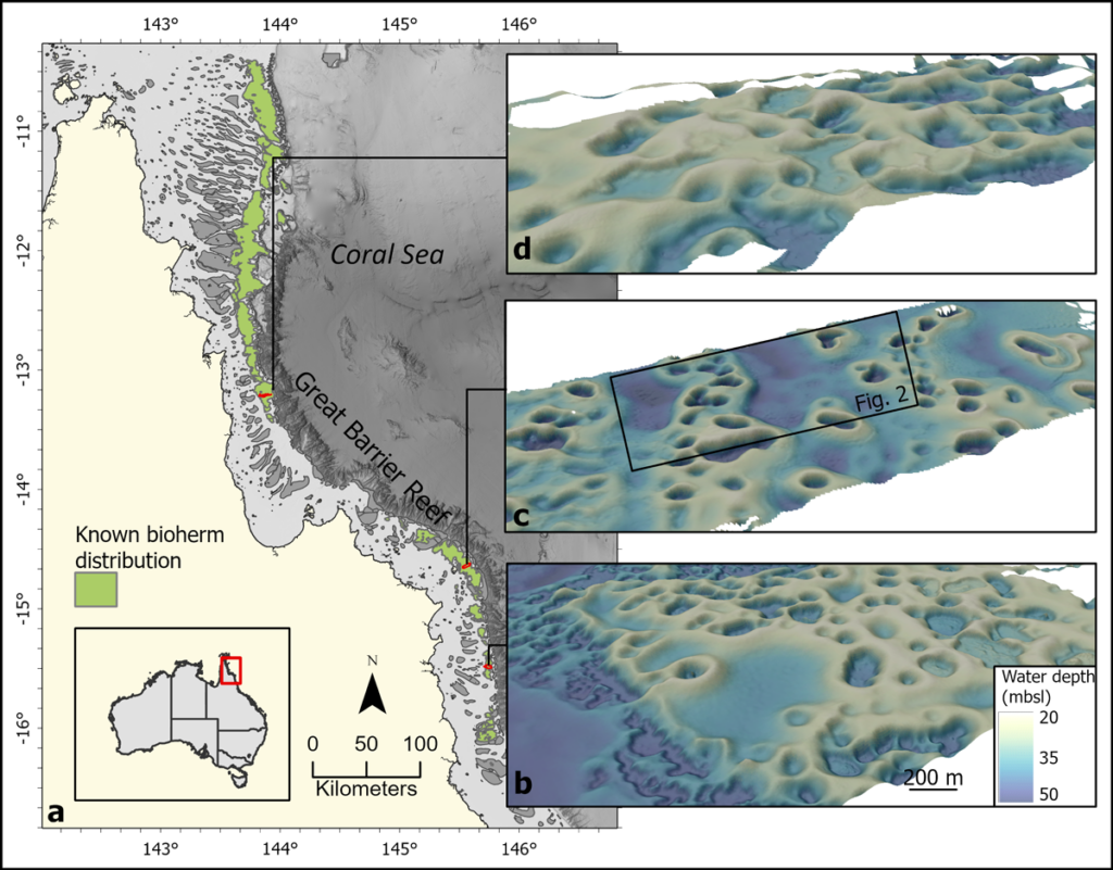 Regional map showing locations of Halimeda bioherms amid the Great Barrier Reef off Australia, with three inset images showing seafloor topography at three bioherm sites
