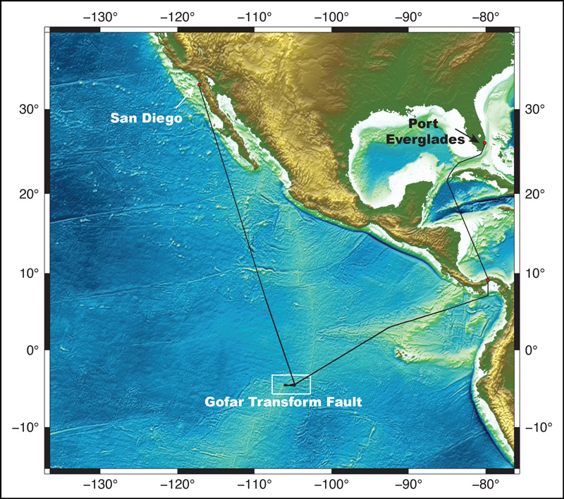 Topographic map depicting a ship’s route from San Diego to the location of the Gofar Transfom Fault west of South America, then through the Panama Canal on the way to Port Everglades, Fla.