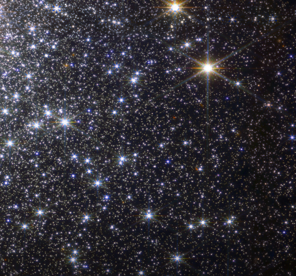 This image of a portion of Messier 92, one of the brightest globular clusters in the Milky Way, was created with data captured by the James Web Space Telescope’s Near Infrared Camera, or NIRCam.