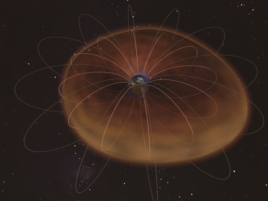 An orange “doughnut,” the plasmasphere, encircles Earth, with curved lines representing Earth’s magnetic field arcing through it and the Moon in the background.