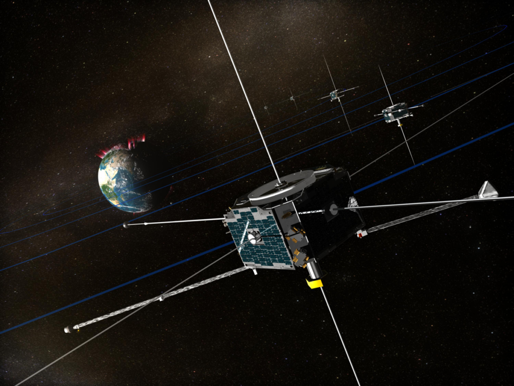 Several box-shaped satellites with long antenna booms float above Earth.