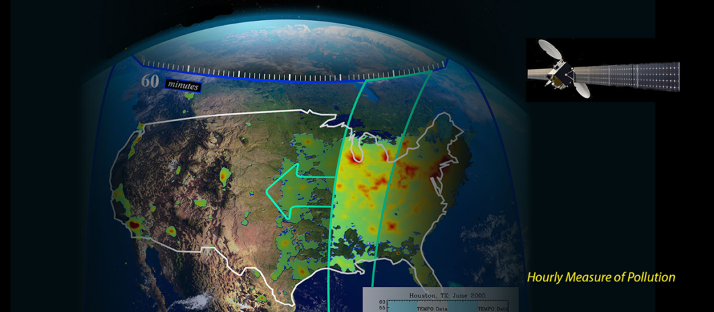 A map of the United States with colorful blobs shows the location of air pollution.