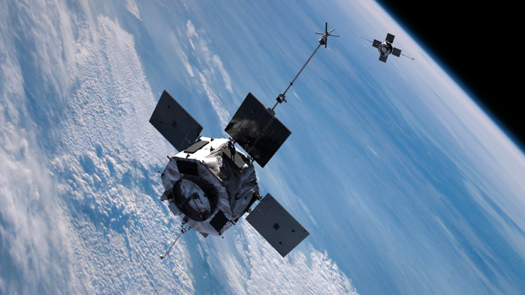 Two X-shaped spacecraft float above Earth.