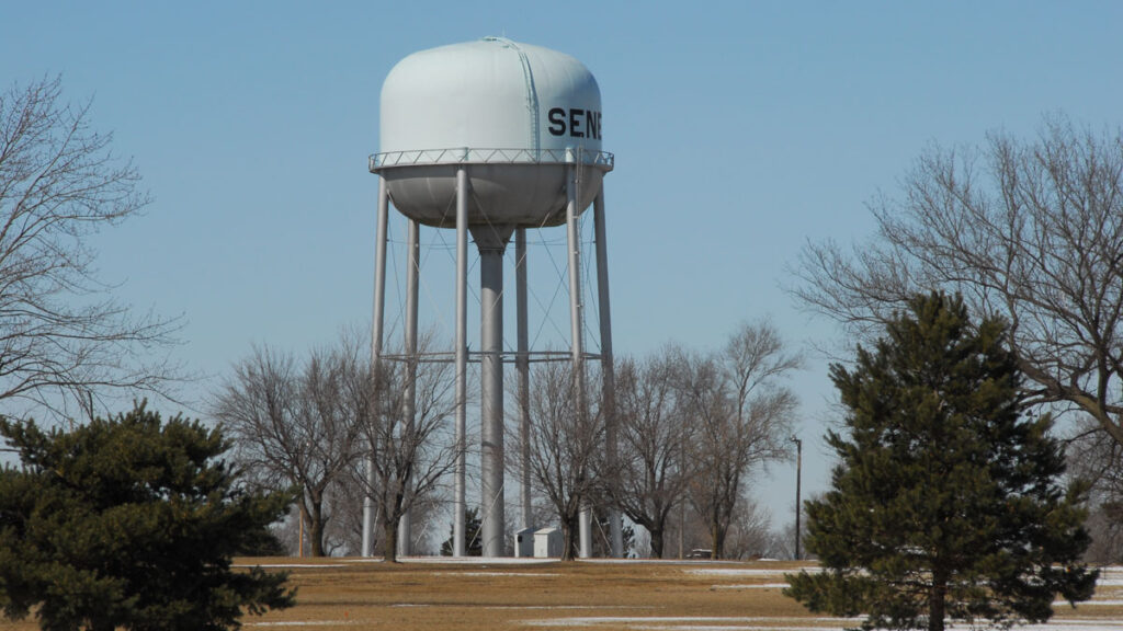 A white water tower against a blue sky with trees in the foreground.