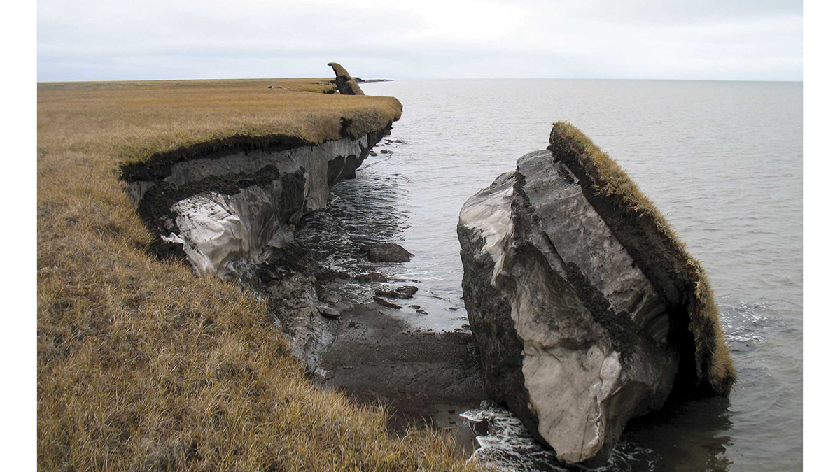 A chunk of coastal permafrost has toppled into the sea along Alaska’s northernmost shores.