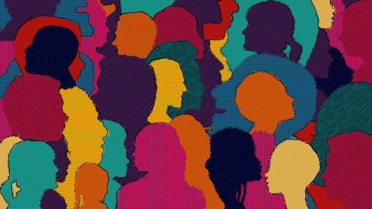 Artwork depicting colorful outlines of many people.