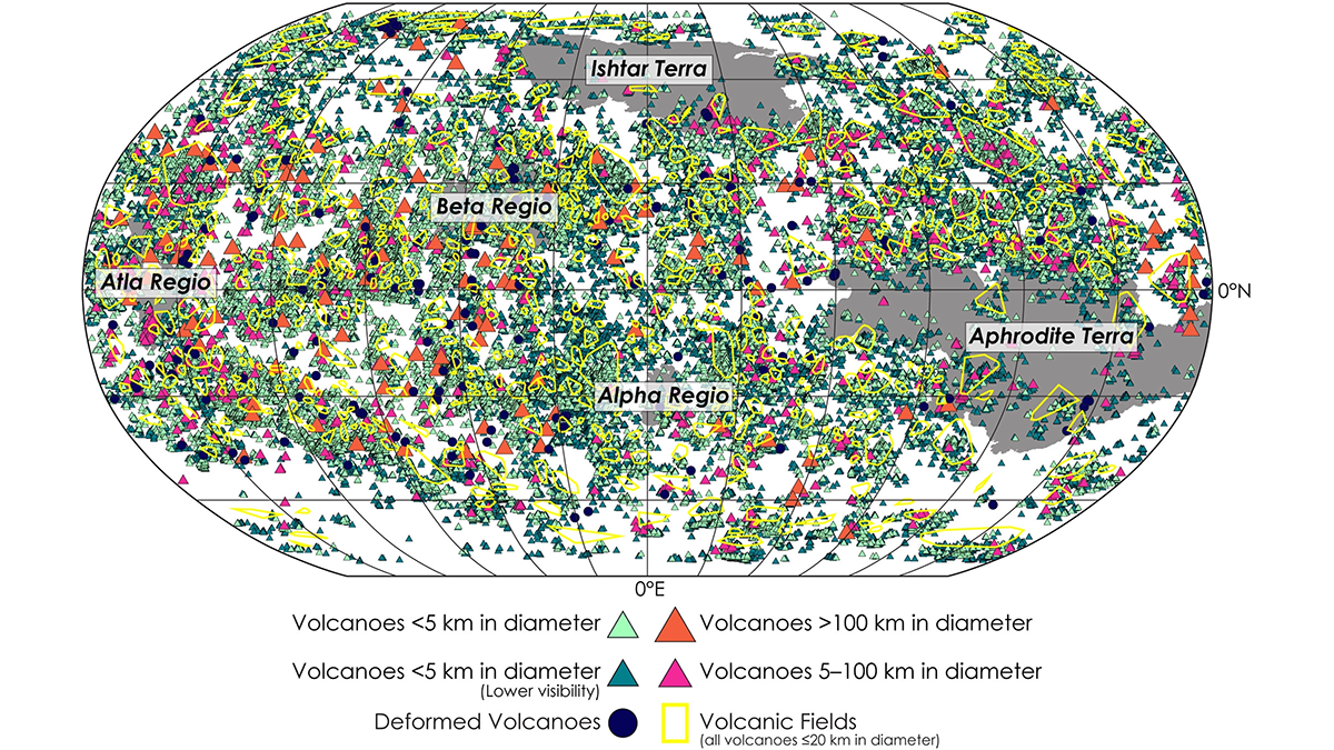 Map showing global distribution of volcanoes on Venus.