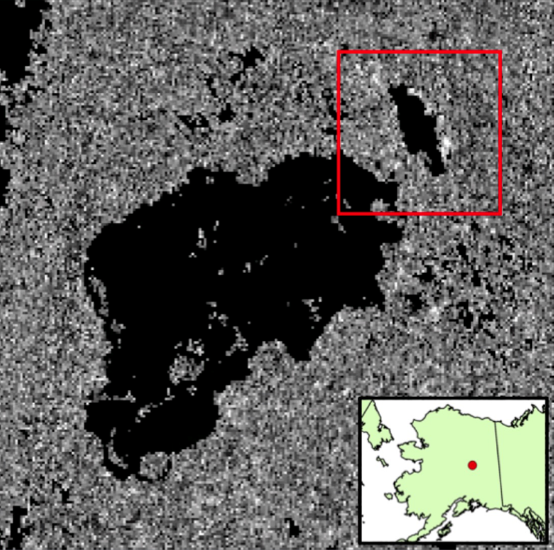 A black-and-white map of Big Trail Lake with white spots for methane hot spots