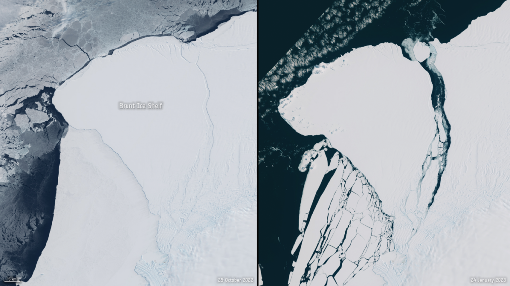 A slab of white ice breaks off a larger white slab of ice, surrounded by the dark ocean.