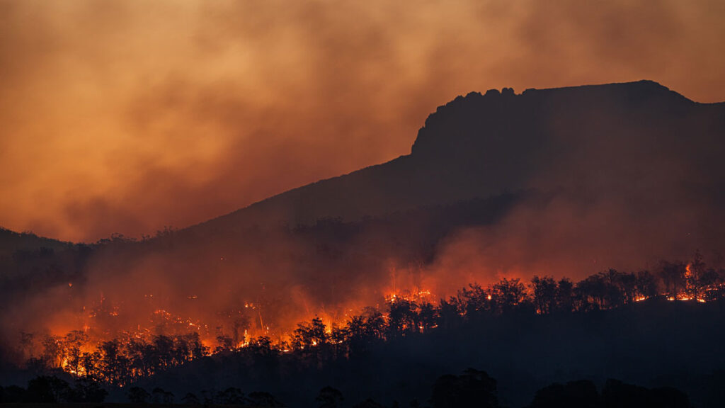 A dark image of a wildfire under hazy skies.