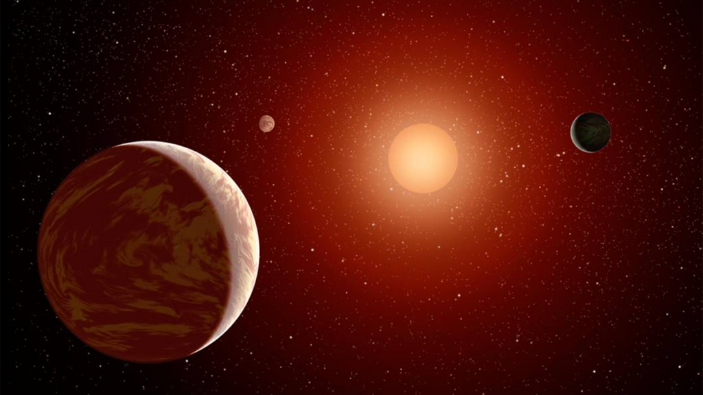 An artist’s rendering showing three planets orbiting a bright red sphere in center of image.