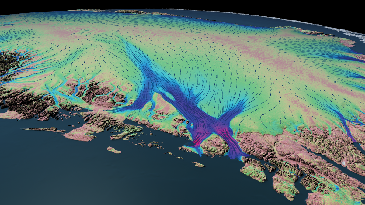 The velocity of Nioghalvfjerdsfjorden Glacier in Greenland is affected by surface meltwater flow as well as seasonal ice fluctuation.