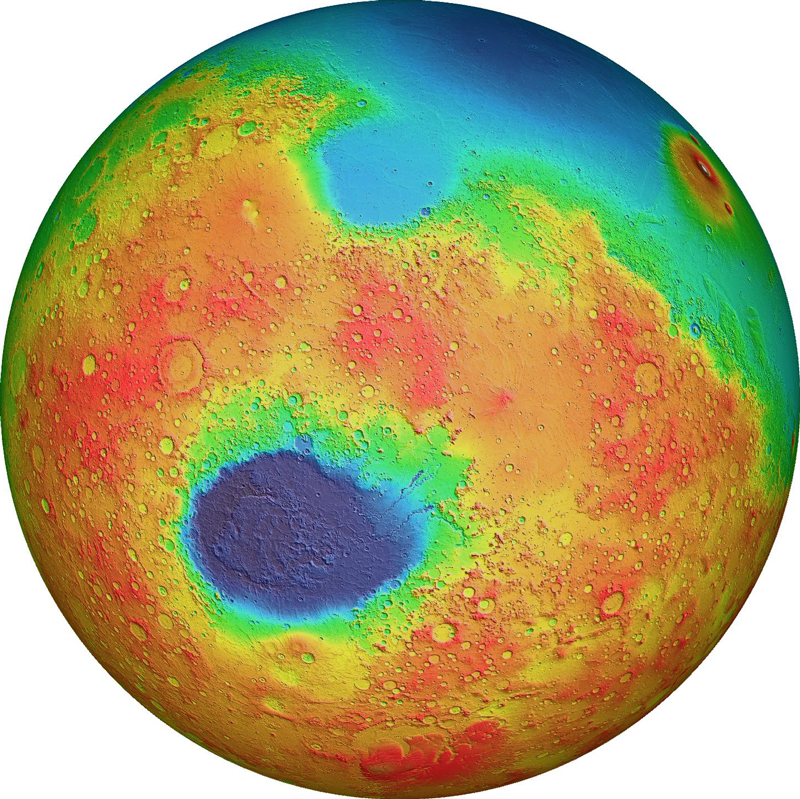 Sphere with rainbow colors radiating from a dark blue circle at bottom left of center