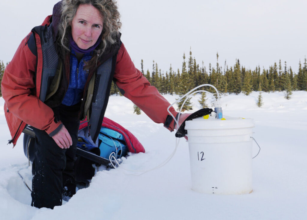 Person holding white bucket on top of the snow.